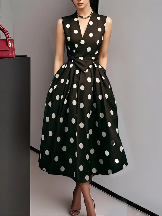 White Polka Dots V Neck Sleeveless A-Line Midi Dress