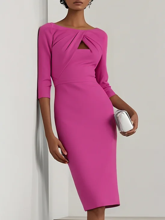Light Blue Ruched Boat Neck Half Sleeve Sheath Midi Dress