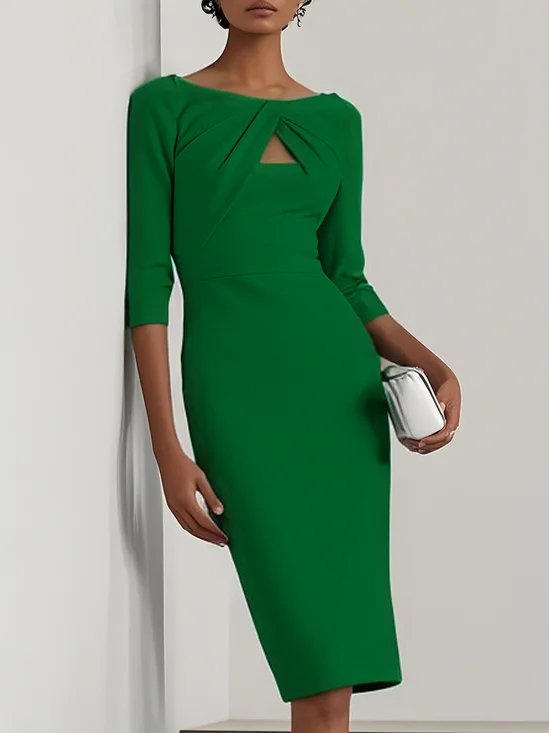 Light Blue Ruched Boat Neck Half Sleeve Sheath Midi Dress