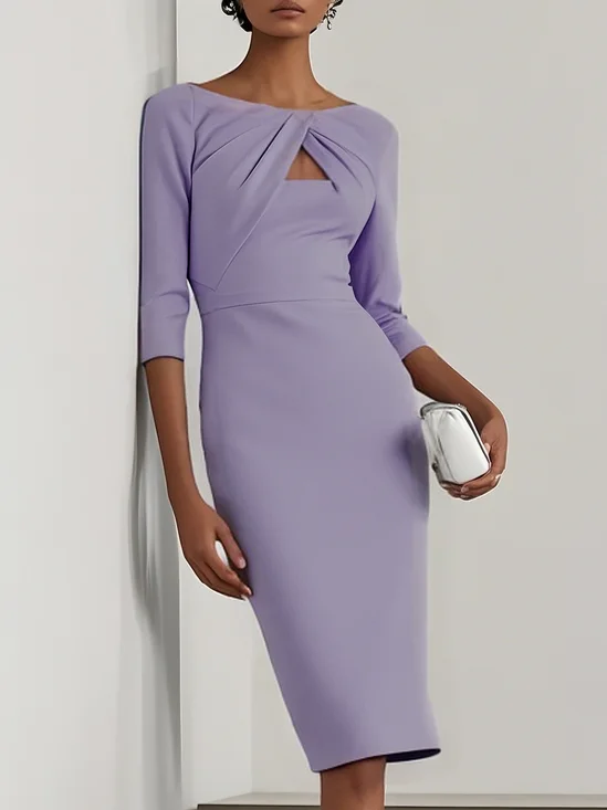 Light Blue Ruched Boat Neck Half Sleeve Sheath Midi Dress