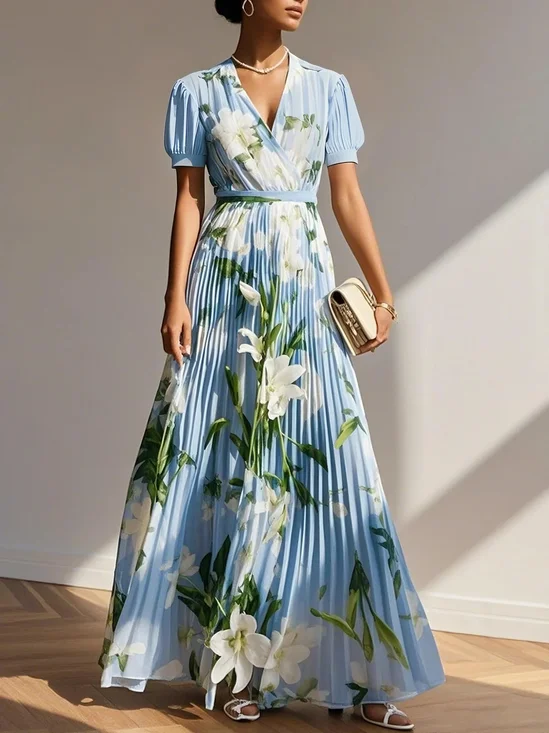 Light Blue Pleated Floral Chiffon V Neck Short Sleeve Balloon Sleeve A-Line Maxi Dress