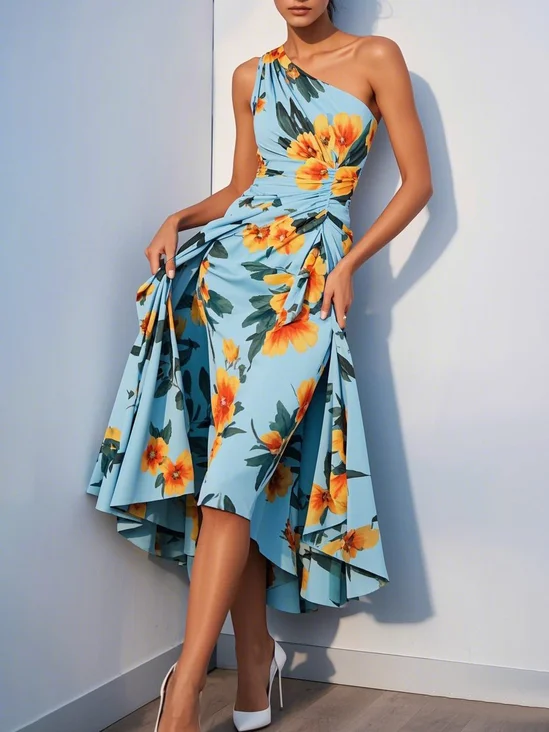Blue Floral One Shoulder Sleeveless A-Line Midi Dress