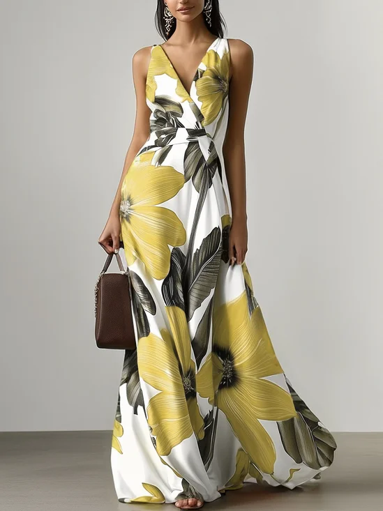 Orange Floral Classic V Neck Sleeveless A-Line Maxi Dress