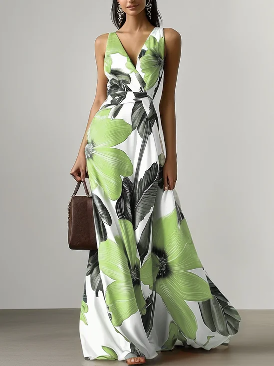 Orange Floral Classic V Neck Sleeveless A-Line Maxi Dress