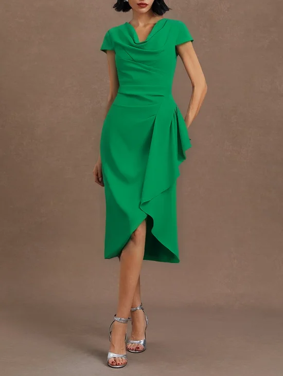 Light Blue Ruched Asymmetric Classic Cowl Neck Cap Sleeve Sheath Midi Dress