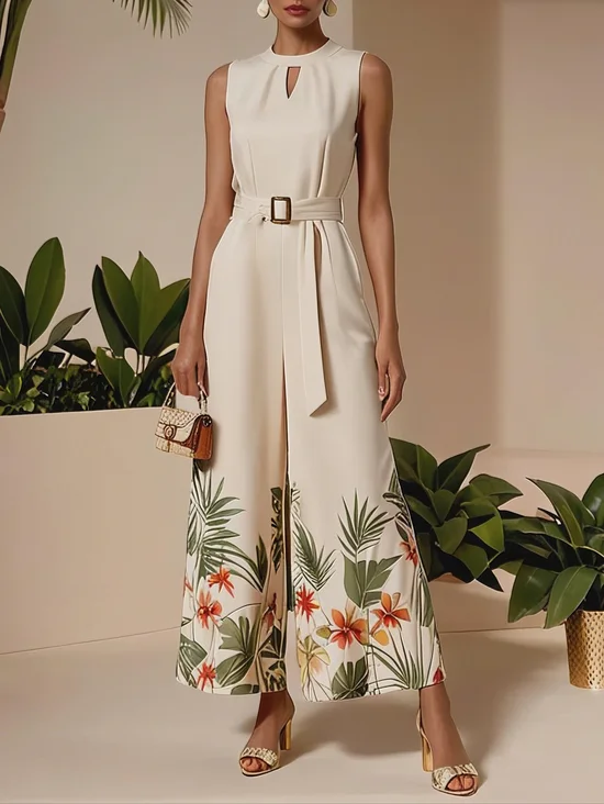Off White Floral Crew Neck Regular Fit Morden Jumpsuit
