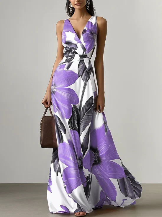 Orange Floral Classic V Neck Sleeveless A-Line Maxi Dress