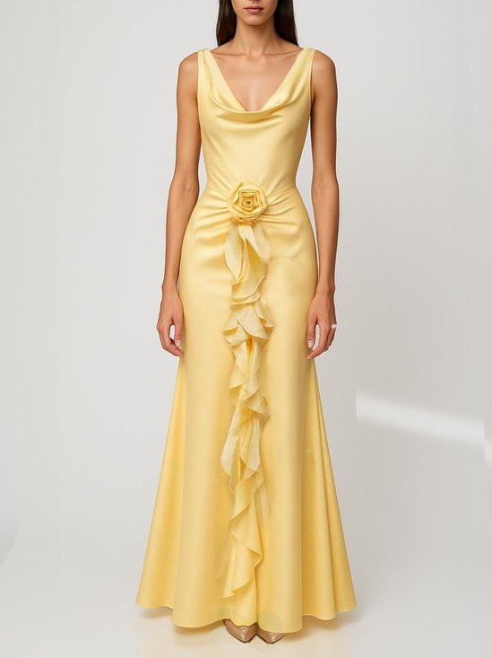 Yellow 3D Floral Ruffled Satin Cowl Neck Sleeveless Mermaid Maxi Dress
