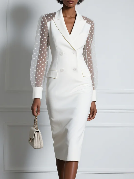 White Buckle Blazer Lapel Collar Long Sleeve Sheath Midi Dress