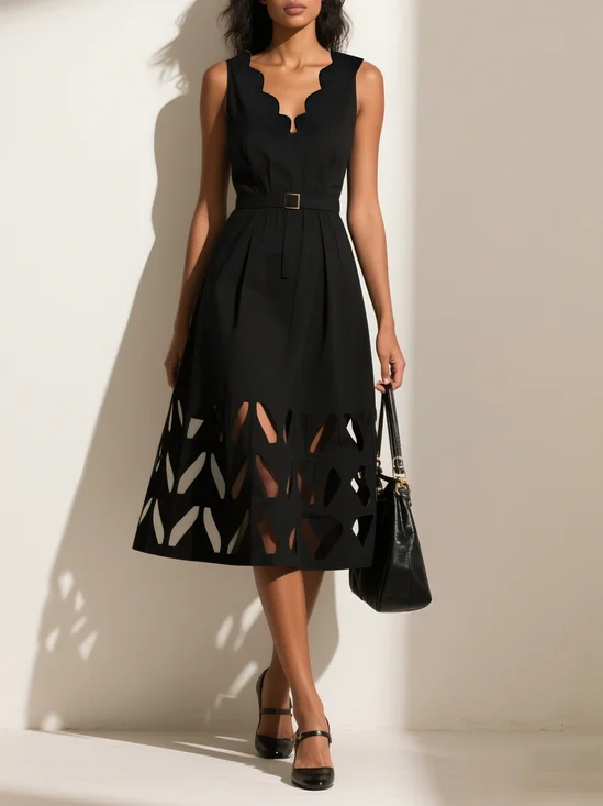 Black Devore Lace Collar Sleeveless A-Line Midi Dress