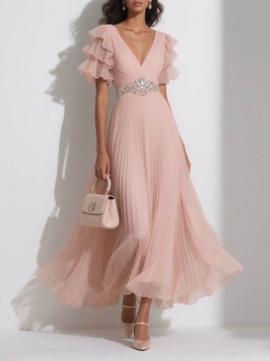 Pink Pleated Rhinestone Ruffle Sleeve A-Line Maxi Chiffon Dress