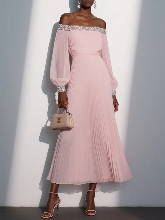 Pink Pleated Chiffon Off The Shoulder Long Sleeve Balloon Sleeve A-Line Maxi Dress