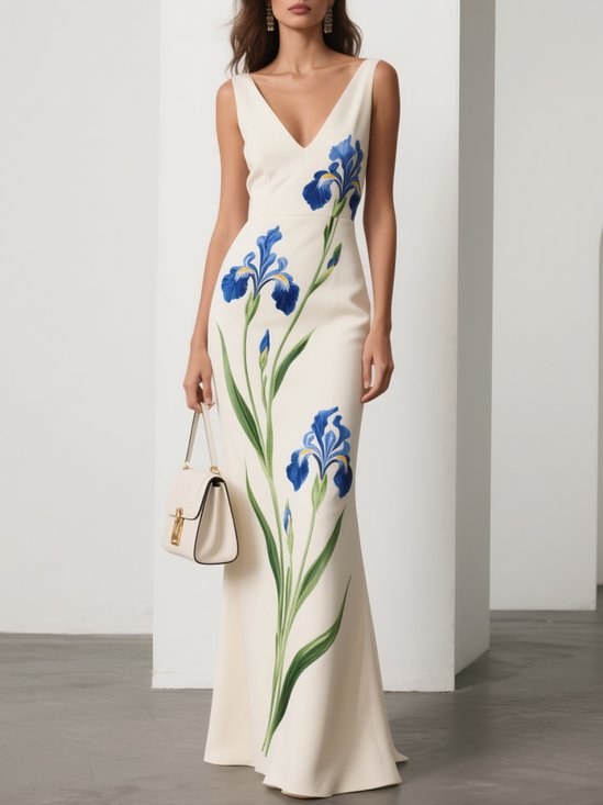 White Floral Classic V Neck Sleeveless A-Line Gown Dress
