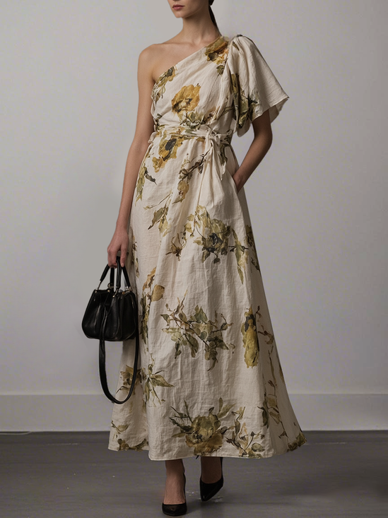 Beige Floral Classic One Shoulder Short Sleeve A-Line Maxi Dress