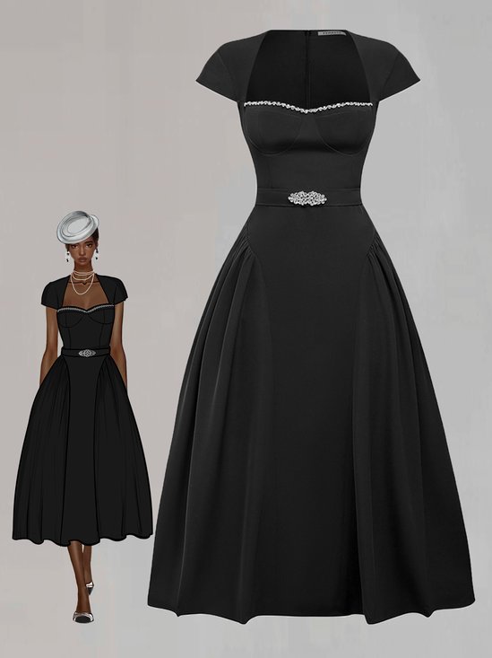 Black Rhinestone Pleated  Sweetheart Neckline Cap Sleeve A-Line Midi Dress