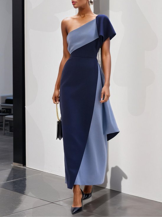 Blue Classic One Shoulder Short Sleeve Sheath Midi Dress