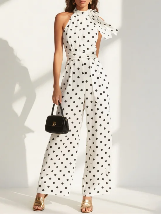 White Morden Lace-Up Bow Polka Dots Jumpsuit