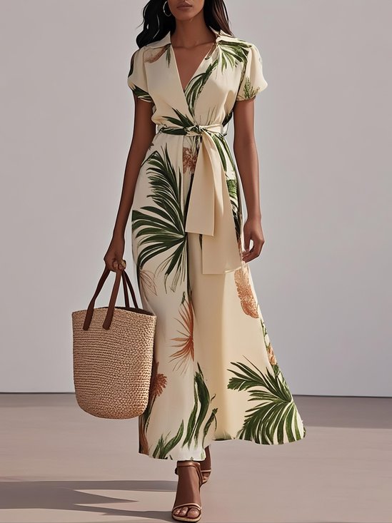 Beige Printing Floral Classic V Neck Short Sleeve A-Line Maxi Dress