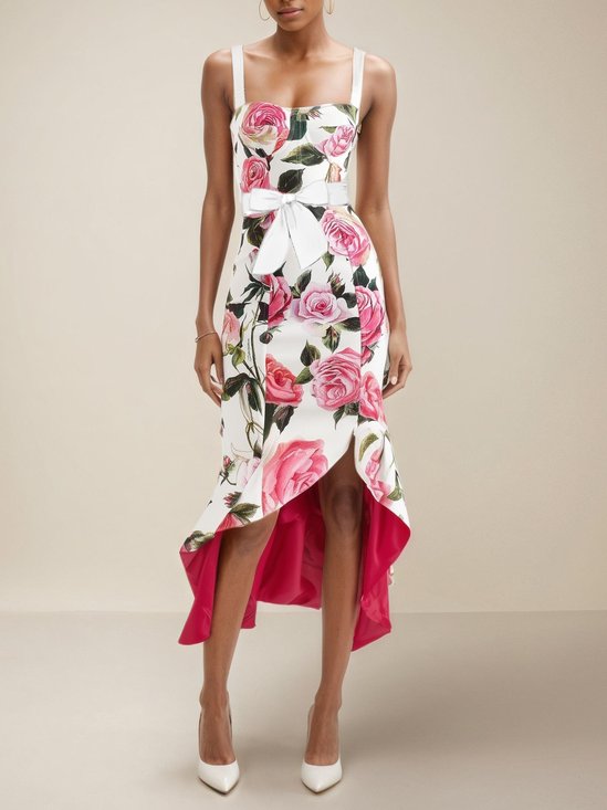 Peach Floral Bow Classic Spaghetti Sleeveless Mermaid Midi Dress
