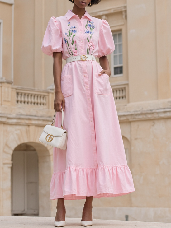 Pink Embroidery Pocket Stitching Shirt Dress Shirt Collar Short Sleeve Balloon Sleeve A-Line Maxi Dress