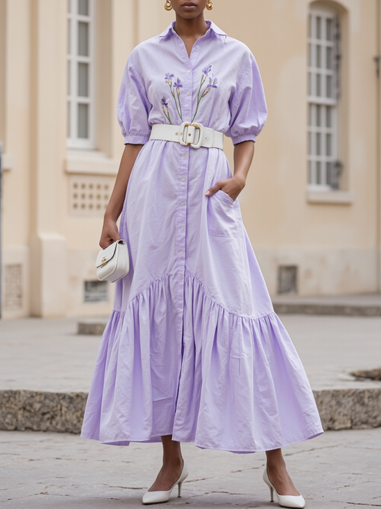 Light Purple Embroidery Pocket Stitching Shirt Dress Shirt Collar Short Sleeve Balloon Sleeve A-Line Maxi Dress