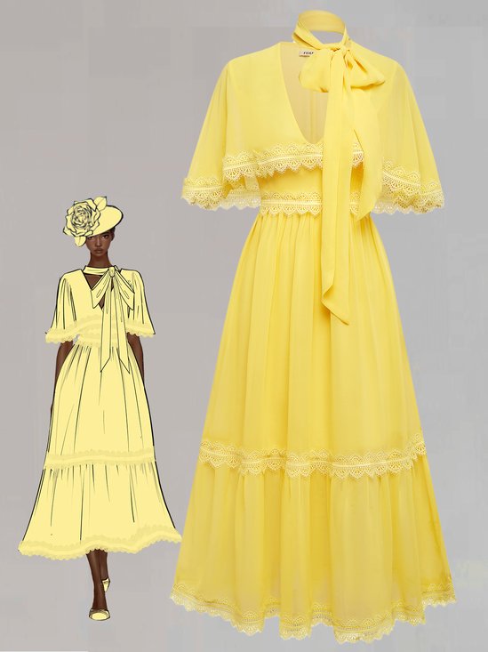 Yellow Gathered Lace Chiffon V Neck Half Sleeve Raglan Sleeves Sheath Midi Dress