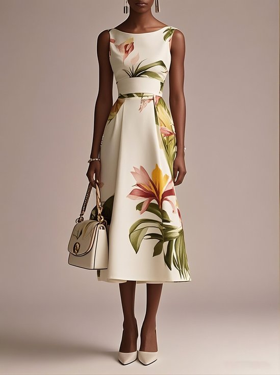 Beige Floral Boat Neck Sleeveless A-Line Midi Dress