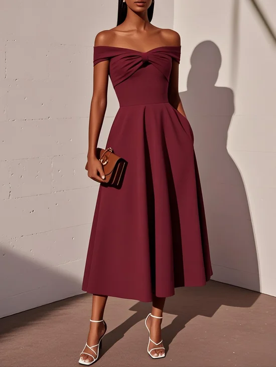 Wine Red Cross Classic Off The Shoulder Short Sleeve A-Line Midi Dress