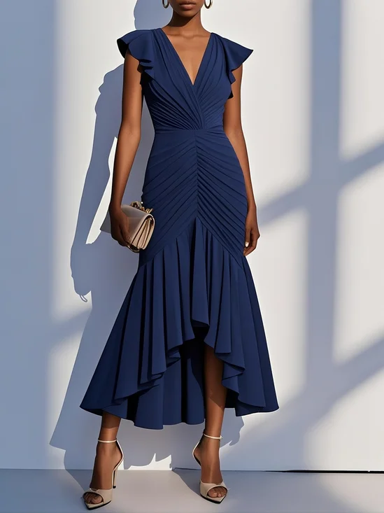 Purplish Blue Shirred Ruched Chiffon Lotus Leaf Collar Cap Sleeve Ruffle Sleeve Mermaid Midi Dress