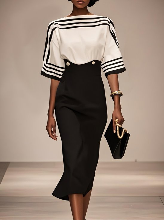 Black Striped Boat Neck Half Sleeve Sheath Midi Satin Dress