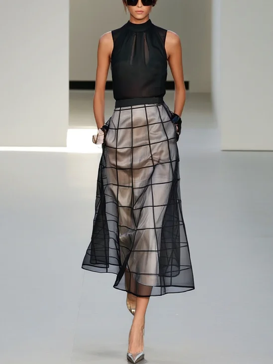 Black Mesh Classic Crew Neck Sleeveless A-Line Midi Dress