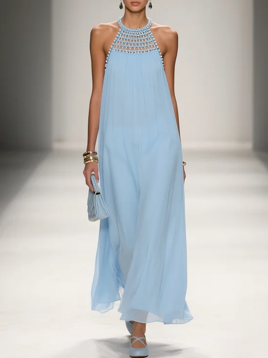 Light Blue Braided Strap Pearl Chiffon Halter Sleeveless A-Line Maxi Dress