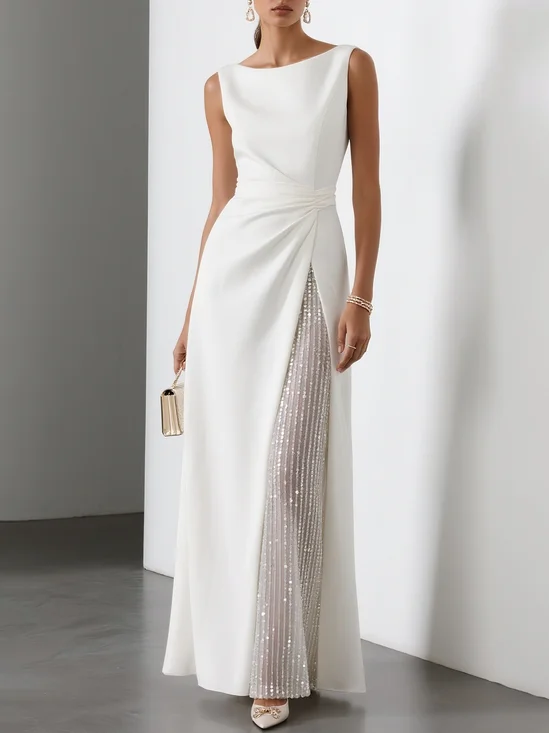 White Glitter Ruched Classic Sleeveless A-Line Midi Dress
