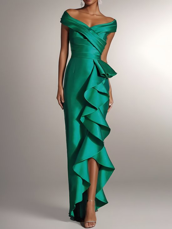 Green Ruffled Off The Shoulder Sheath Maxi Dress 