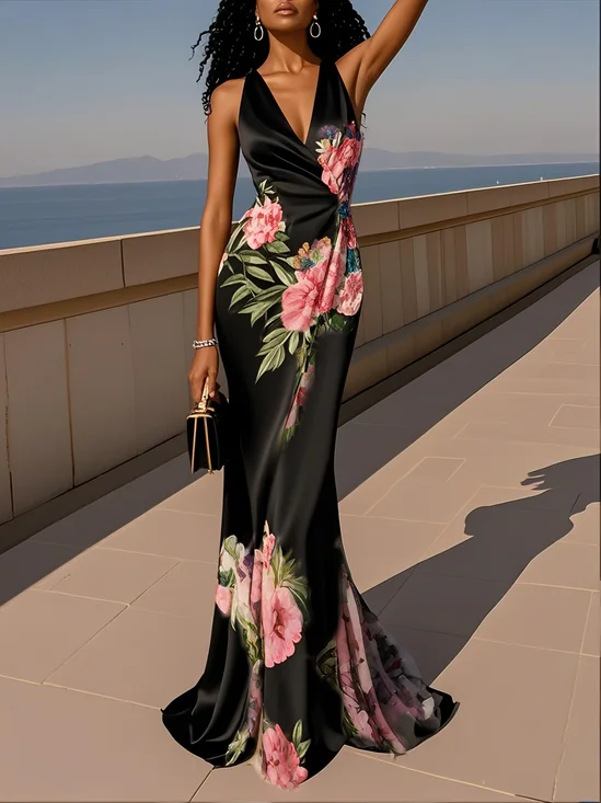 Pink Cross Floral Wrap Dress V Neck Sleeveless Mermaid Gown Dress