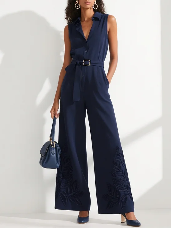Purplish Blue Plain Urban Shawl Collar Jumpsuit With Belt