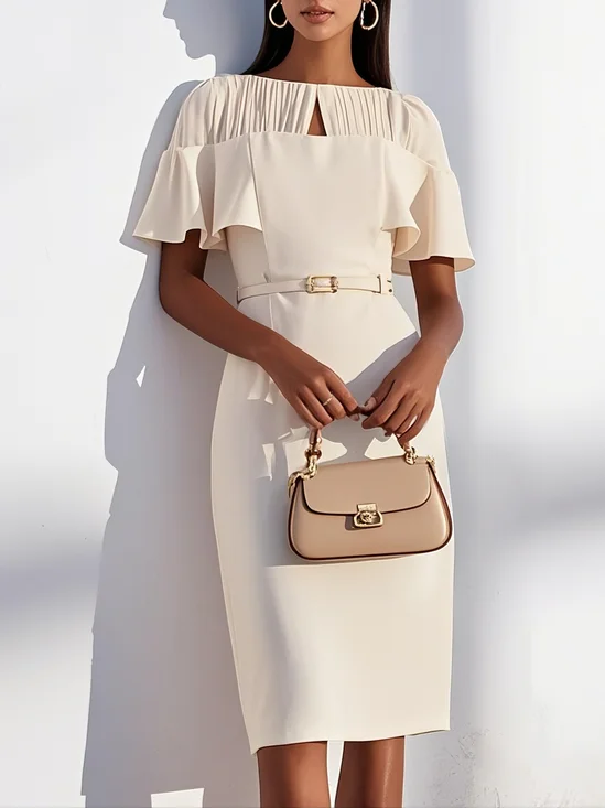 Off White Ruched Classic Crew Neck Sheath Midi Dress
