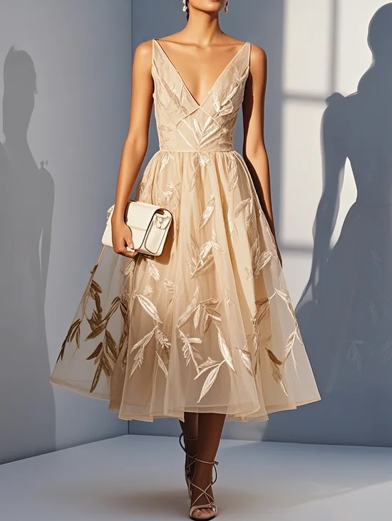 Beige 3D Floral Classic V Neck Sleeveless A-Line Midi Dress