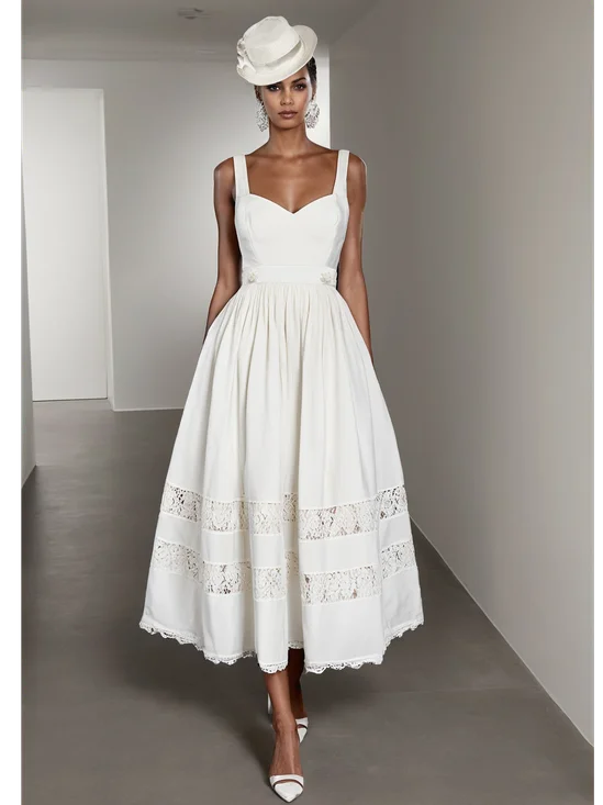 White Lace Beaded Spaghetti Sleeveless A-Line Midi Dress