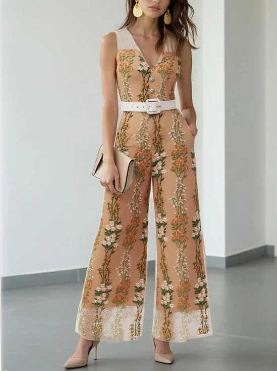 Morden Regular Fit Floral Embroidery Jumpsuit With Belt