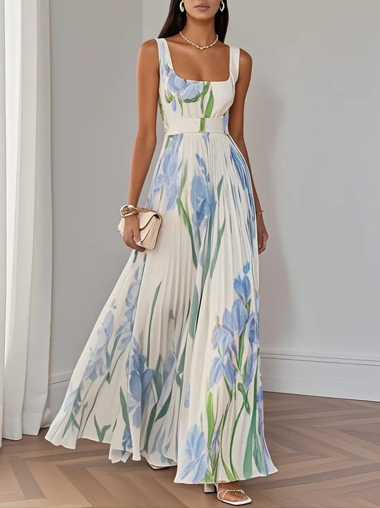 Light Blue Pleated Floral Chiffon Square Neck Sleeveless A-Line Maxi Dress