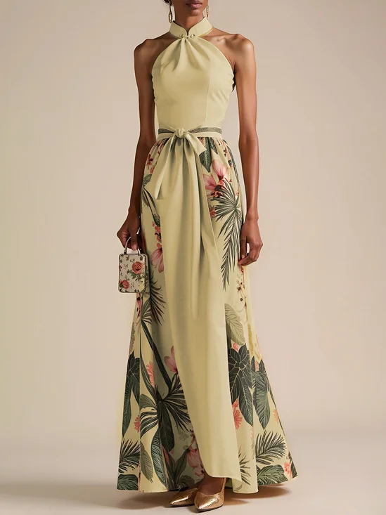 Beige Bow Classic Halter Floral Sleeveless A-Line Maxi Dress
