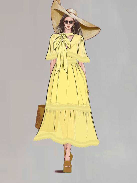 Yellow Gathered Lace Chiffon V Neck Half Sleeve Raglan Sleeves Sheath Midi Dress