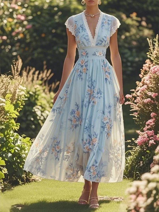 Light Blue Imitation Pearls V Neck A-Line Maxi Chiffon Dress