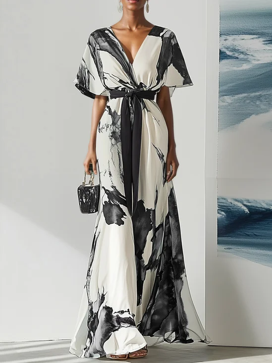 Blue Printing Chiffon V Neck Short Sleeve A-Line Maxi Dress With Belt