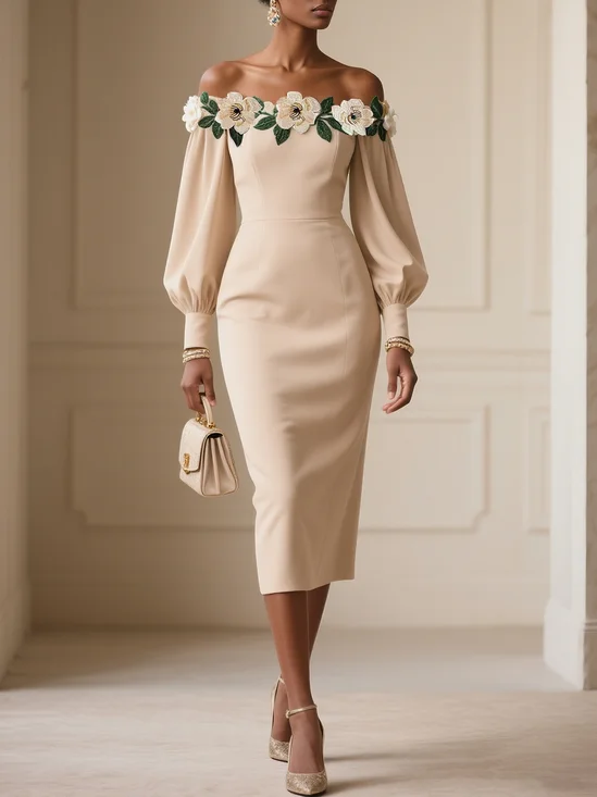 Apricot Applique Classic Off The Shoulder Long Sleeve Balloon Sleeve Sheath Midi Dress