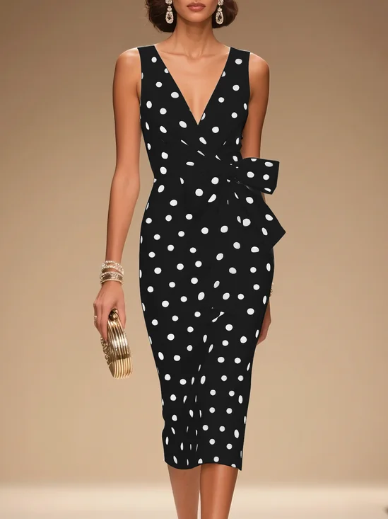 White Bow Classic V Neck Sleeveless Sheath Midi Dress