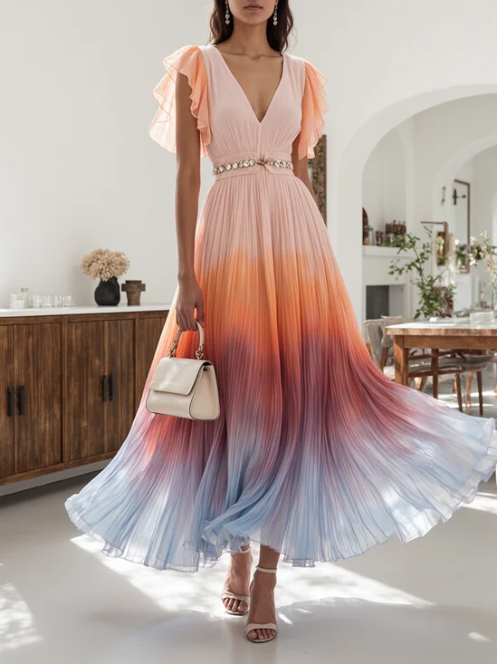 Orange Rhinestone Pleated Chiffon V Neck Sleeveless Ruffle Sleeve A-Line Maxi Dress