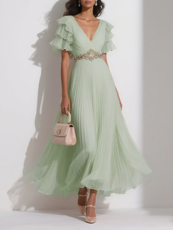 Pink Pleated Rhinestone Chiffon V Neck Short Sleeve Ruffle Sleeve A-Line Maxi Dress