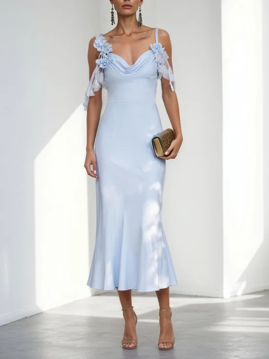 Blue Ruffled 3D Floral Satin Cowl Neck Sleeveless Mermaid Midi Dress
